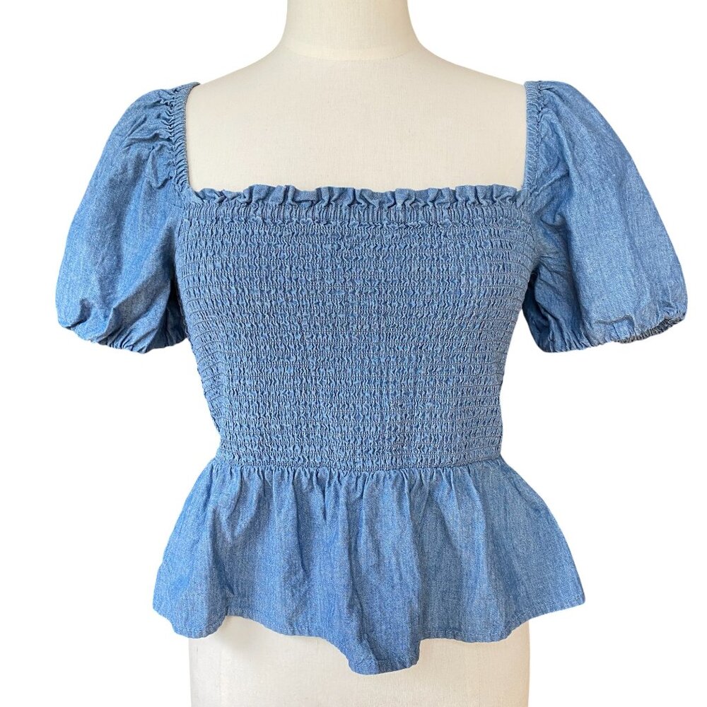 J Crew Smocked Puff Sleeve Peplum Top Chambray Square Neck Cottage Coastal-M